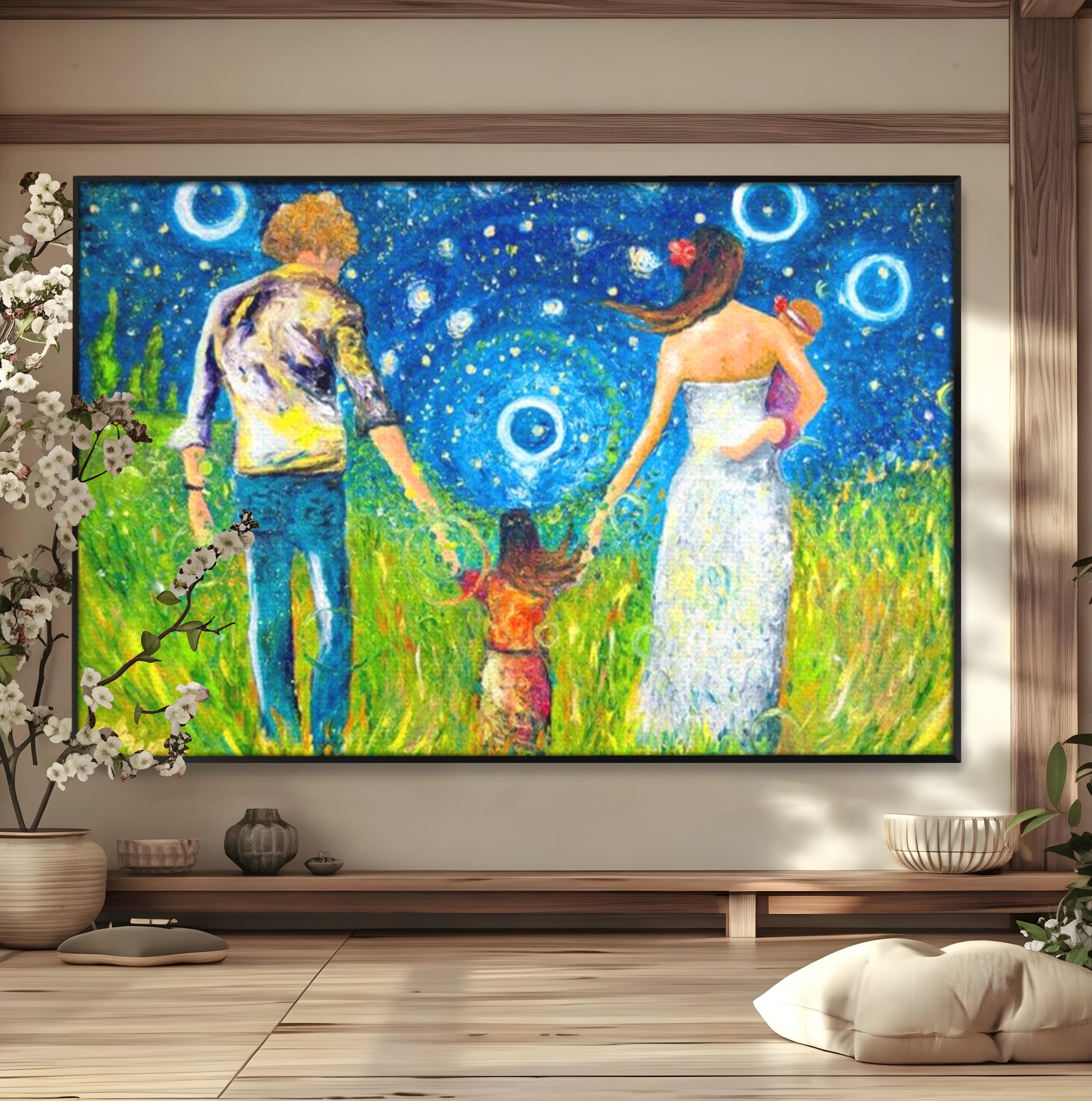 Tablou canvas cu pictura cu familie pe camp sub cer instelat, in rama de aluminiu negru